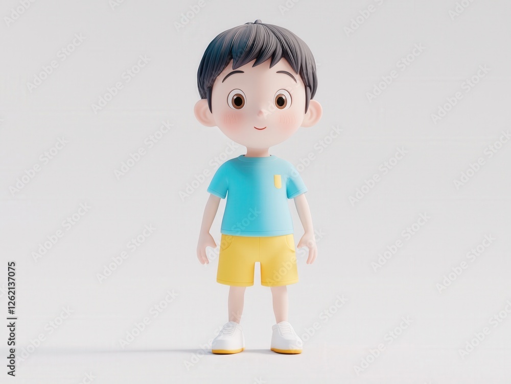 Cute 3D cartoon boy standing on a white background He wears a blue t-shirt and yellow shorts smiling gently Perfect for playful designs Cute 3D cartoon boy standing on a white background He wears a blue t-shirt and yellow shorts smiling gently Perfect for playful designs