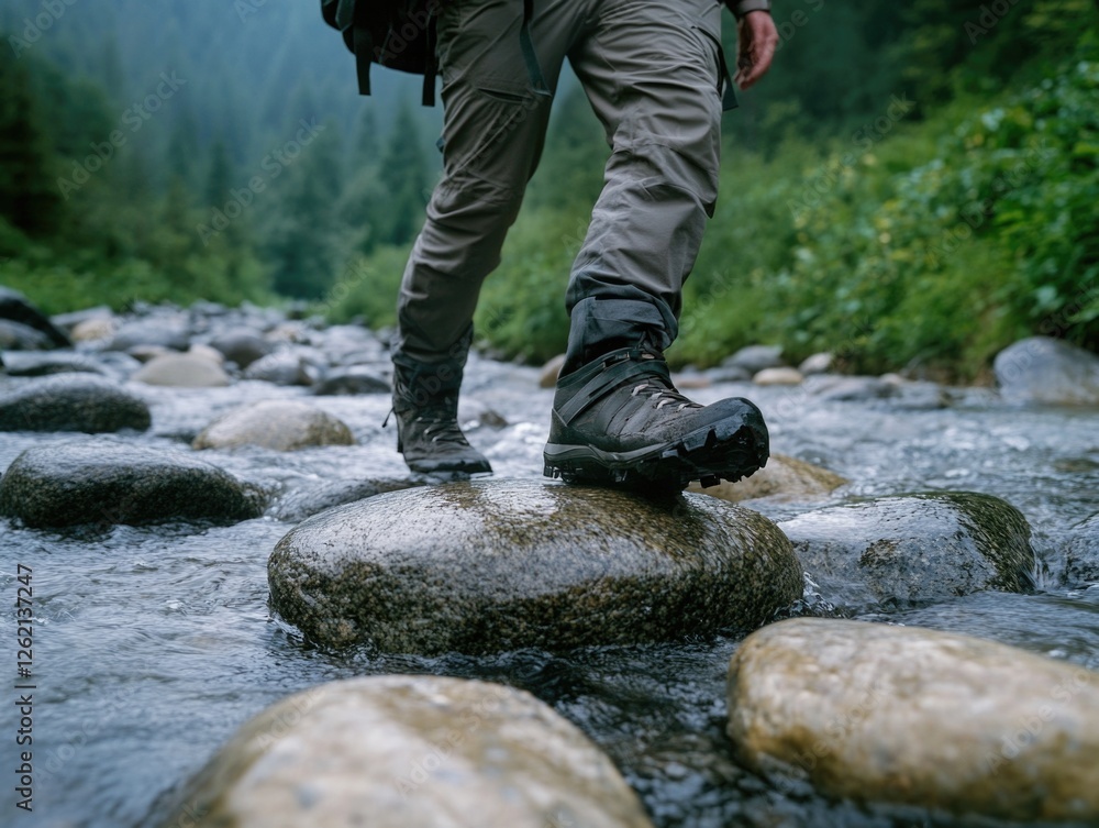An adventurous hike through a forest stream with rocks and muddy water. A hiker wearing boots carries equipment in a backpack. The image captures the essence of outdoor exploration and nature. An adventurous hike through a forest stream with rocks and muddy water. A hiker wearing boots carries equipment in a backpack. The image captures the essence of outdoor exploration and nature.