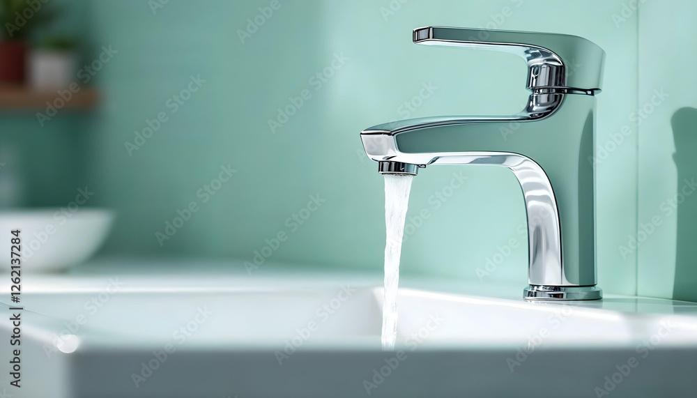  Modern chrome faucet dispensing water into a white sink, set against a soft mint green background.

