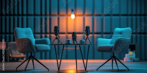 Recording studio with microphones and sound equipment on a table. Professional audio setup for podcasting, voice overs or music production. photo