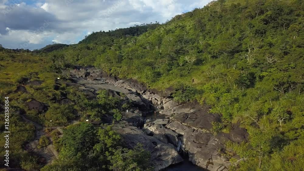 Aerial drone shot flying away to reveal the vast scale and untouched natural beauty of Vale da Lua, Chapada dos Veadeiros, Brazil Aerial drone shot flying away to reveal the vast scale and untouched natural beauty of Vale da Lua, Chapada dos Veadeiros, Brazil