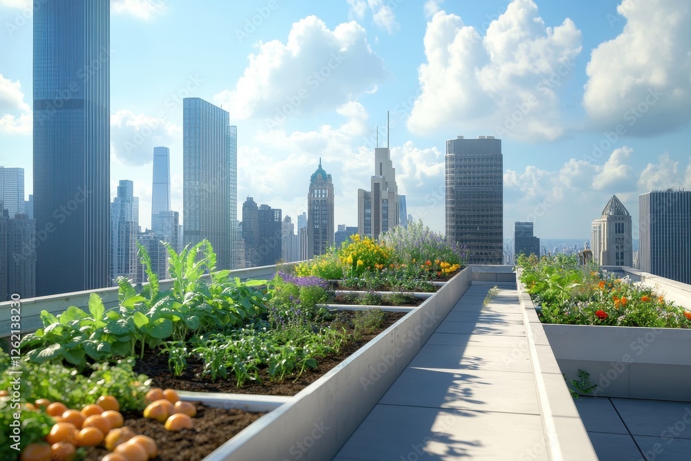 Rooftop urban garden amid city skyscrapers under a bright blue sky Rooftop urban garden amid city skyscrapers under a bright blue sky