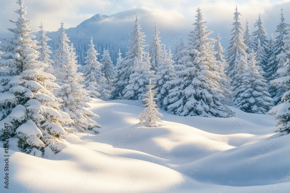 Obraz premium Sunlit snow-covered forest with coniferous trees in wintertime.