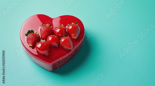 A lavish heart-shaped cake gleaming with a glossy finish and decorated with whole strawberries, showcased on a vibrant background that enhances its festive appeal, photo