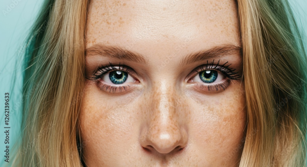 Close-up portrait of a young caucasian female with freckles and blue eyes Close-up portrait of a young caucasian female with freckles and blue eyes