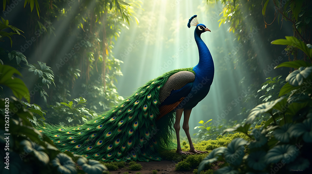 Peacock made of green leaves with its feathers spread and dancing in a Jungle or forest Peacock made of green leaves with its feathers spread and dancing in a Jungle or forest