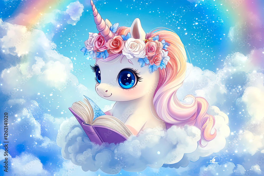 Fototapeta premium Cute Unicorn Reading on a Cloud
