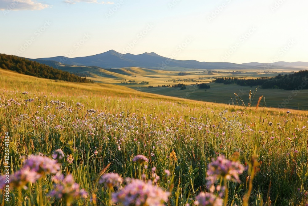 Obraz premium Serene Sunset Over Rolling Hills And Wildflowers