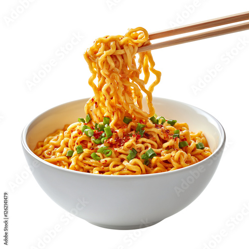 Spicy Ramen Noodles in a White Bowl with Chopsticks photo