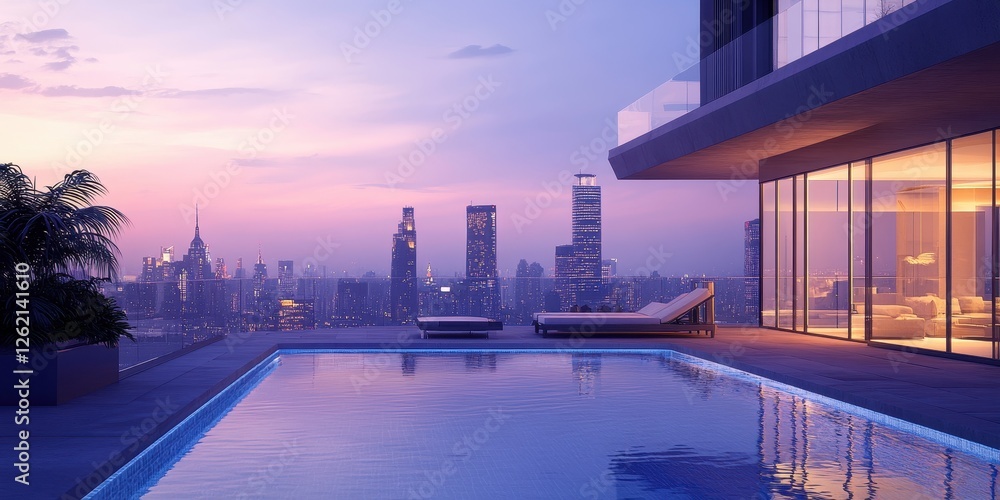 Fototapeta premium Rooftop pool with cityscape view at sunset