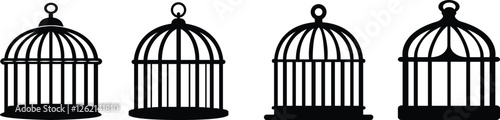 Bird cage icon set.Set of closed empty bird cage silhouette icon vector illustration design.Metal animal transport hanging prison cages. Depicted without birds symbol of freedom and space.