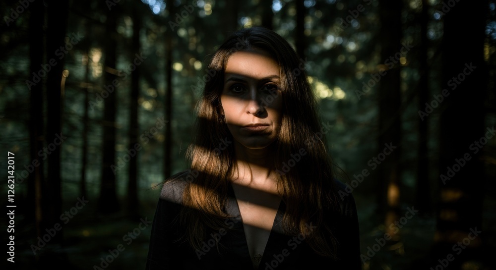 Young caucasian female in mysterious forest shadows Young caucasian female in mysterious forest shadows