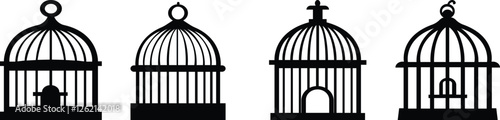 Bird cage icon set.Set of closed empty bird cage silhouette icon vector illustration design.Metal animal transport hanging prison cages. Depicted without birds symbol of freedom and space.