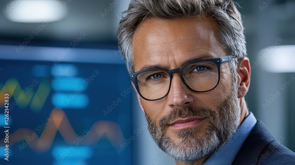 Confident and Focused Business Executive Guiding Corporate Strategy and Decision Making in an Office Environment with Financial Data and Technology