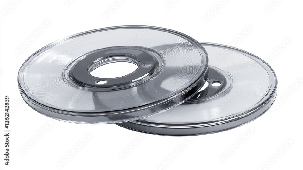 Clear plastic optical discs used for storing data or audio. These glass CD discs have a central hole and are often stacked together. Clear plastic optical discs used for storing data or audio. These glass CD discs have a central hole and are often stacked together.