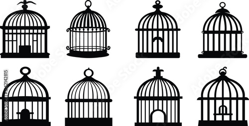 Bird cage icon set.Set of closed empty bird cage silhouette icon vector illustration design.Metal animal transport hanging prison cages. Depicted without birds symbol of freedom and space.
