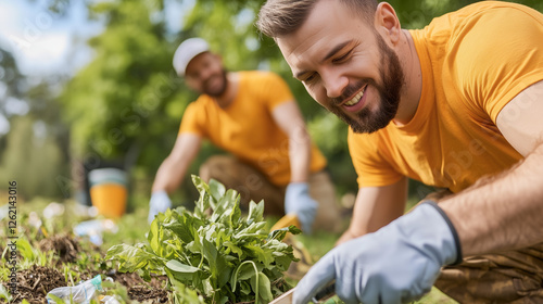 Two happy men are dedicatedly working in garden, cleaning weeds and smiling, enjoying teamwork and contributing to their community garden photo