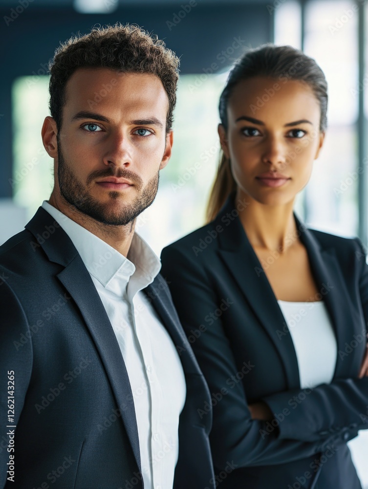 Two confident young professionals in business attire standing together. Two confident young professionals in business attire standing together.