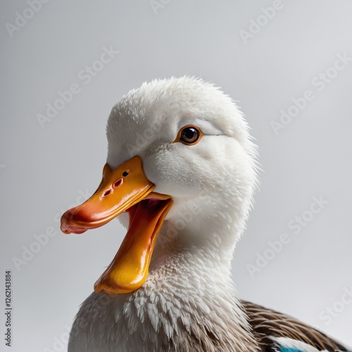 A cute cartoon-style multicolored duck with a pure white gradient background.