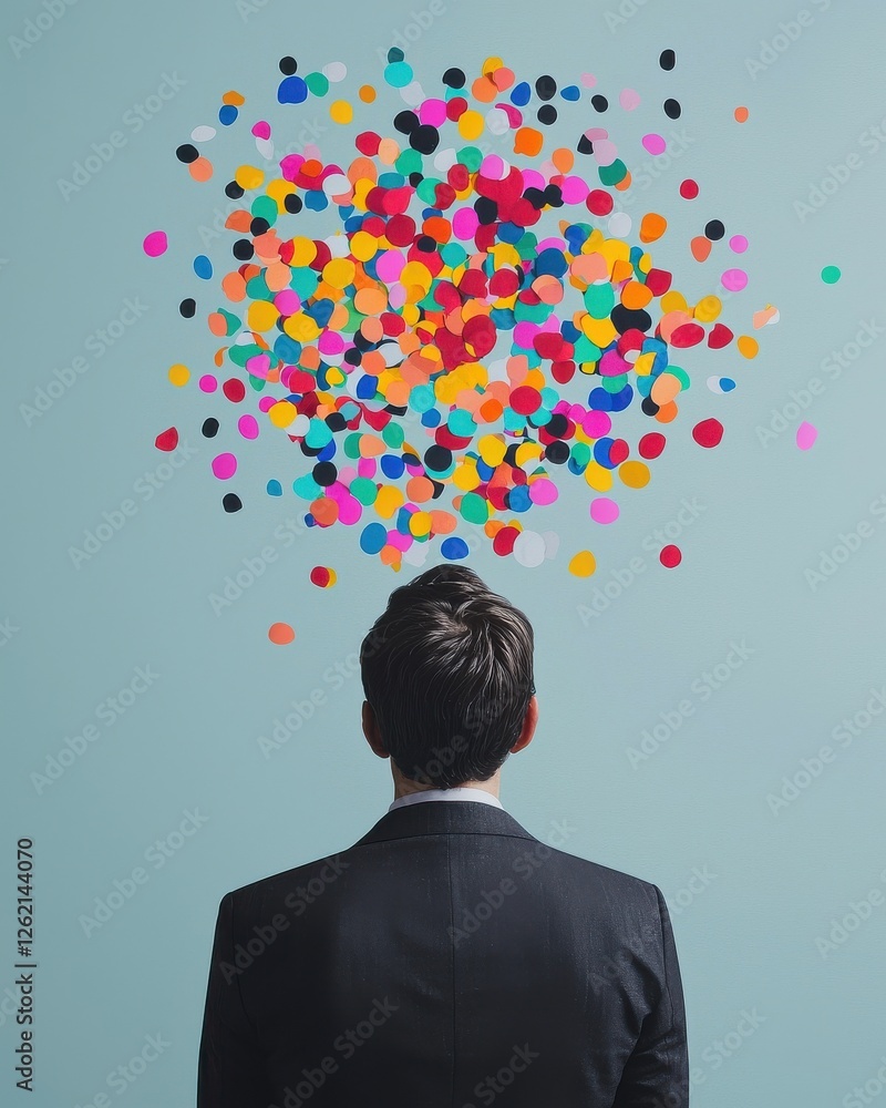 A man in a suit stands with his back to the viewer, gazing at a colorful burst of dots above, symbolizing creativity and thought. A man in a suit stands with his back to the viewer, gazing at a colorful burst of dots above, symbolizing creativity and thought.