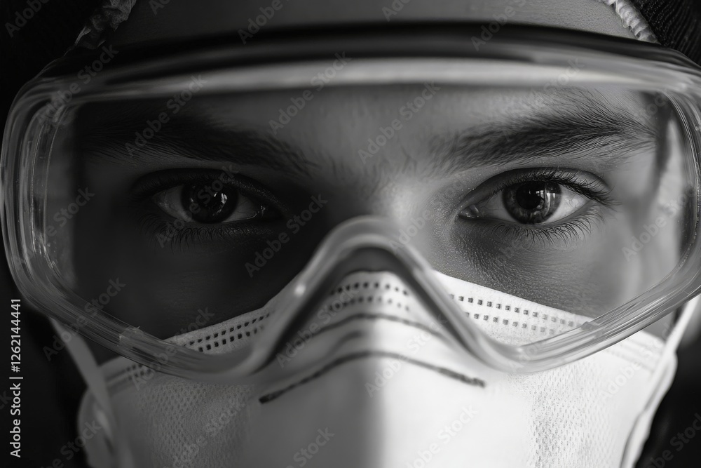 A close-up of a doctor face wearing a mask and protective gear, A close-up of a doctor face wearing a mask and protective gear,