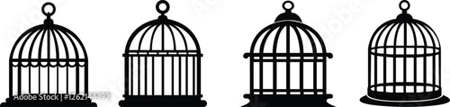 Bird cage icon set.Set of closed empty bird cage silhouette icon vector illustration design.Metal animal transport hanging prison cages. Depicted without birds symbol of freedom and space.