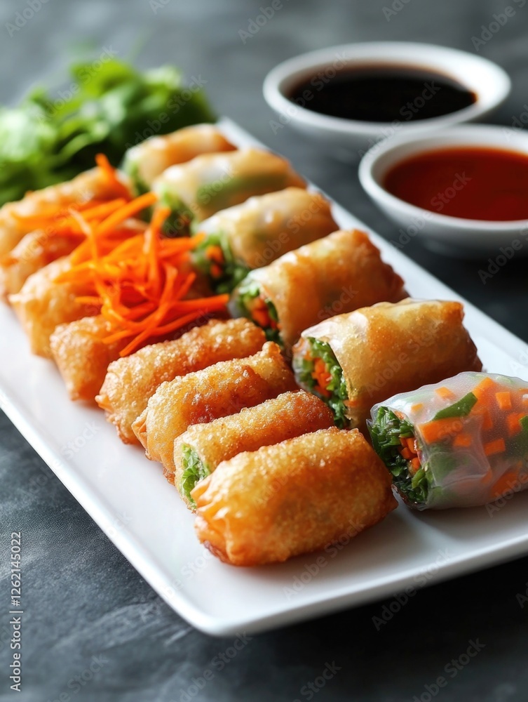 Vietnamese egg rolls with carrots and greens, served on a plate with sauce bowls. Vietnamese egg rolls with carrots and greens, served on a plate with sauce bowls.