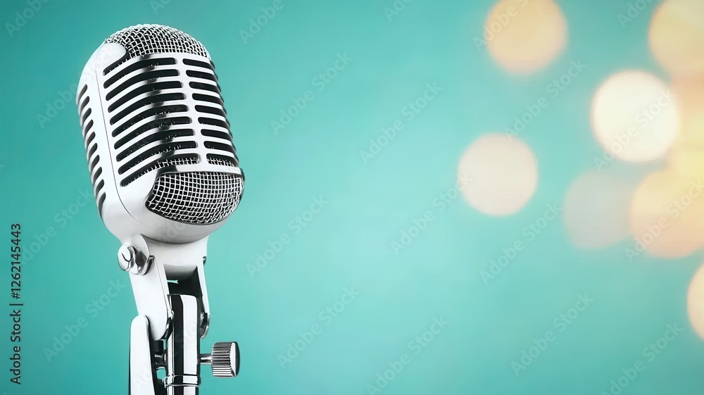 Fototapeta premium Live podcast banner background. A classic silver microphone stands against a soft turquoise background, illuminated by subtle bokeh lights, evoking themes of music and performance.