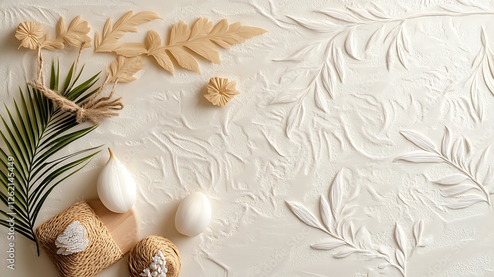 Fototapeta premium Beige and white floral arrangement on textured background