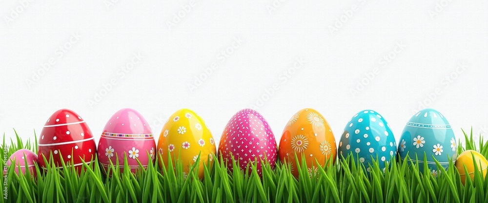 Cheerful Easter Scene: Vibrant Eggs Against Green Grass on a White Background. A row of brightly colored easter eggs in the grass. Cheerful Easter Scene: Vibrant Eggs Against Green Grass on a White Background. A row of brightly colored easter eggs in the grass.