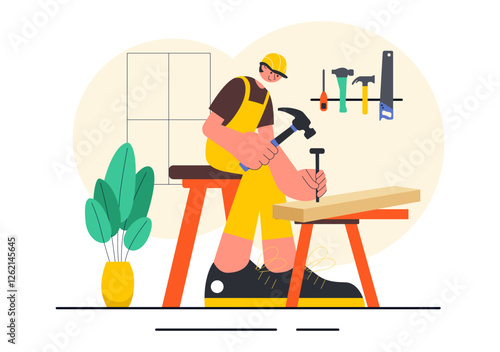 Carpentry Workshop Vector Illustration featuring Woodworking DIY, Wood Boards, Furniture Making, and a Craftsman Working with Timber in a Background