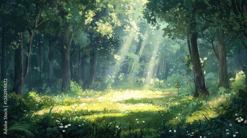 Sunlight streaming through a dense forest, illuminating a serene clearing with lush greenery. The peaceful woodland atmosphere creates a magical ambiance. Generative AI.