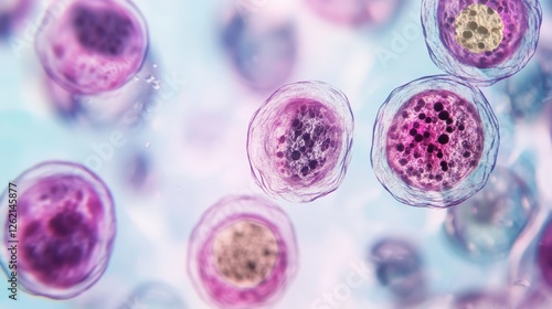 A close-up of a microscope with a slide of blood cells,