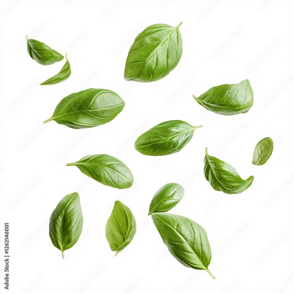 Fresh Green Basil Leaves Floating on White Background Fresh Green Basil Leaves Floating on White Background