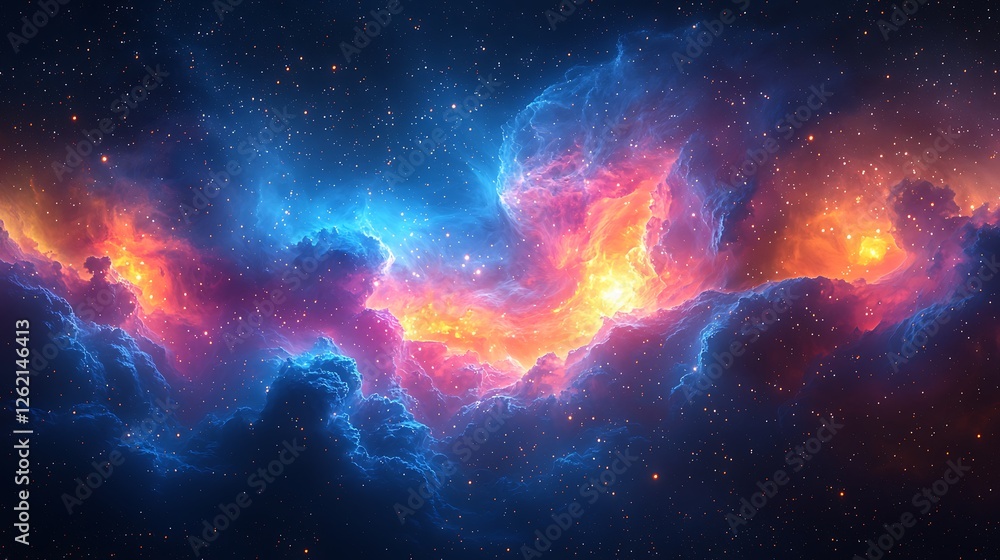 Obraz premium Cosmic Nebula: A breathtaking digital illustration of a vibrant nebula, swirling with hues of fiery orange and cool blue, set against a backdrop of a deep, star-studded cosmos.