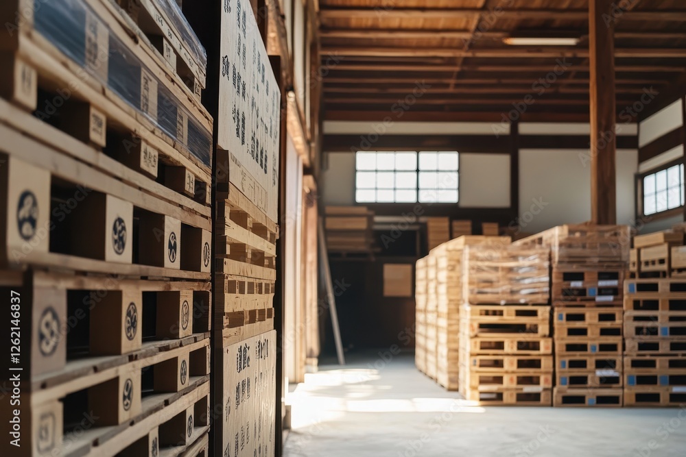 Wooden pallets stacked in a brightly lit storage warehouse. Wooden pallets stacked in a brightly lit storage warehouse.