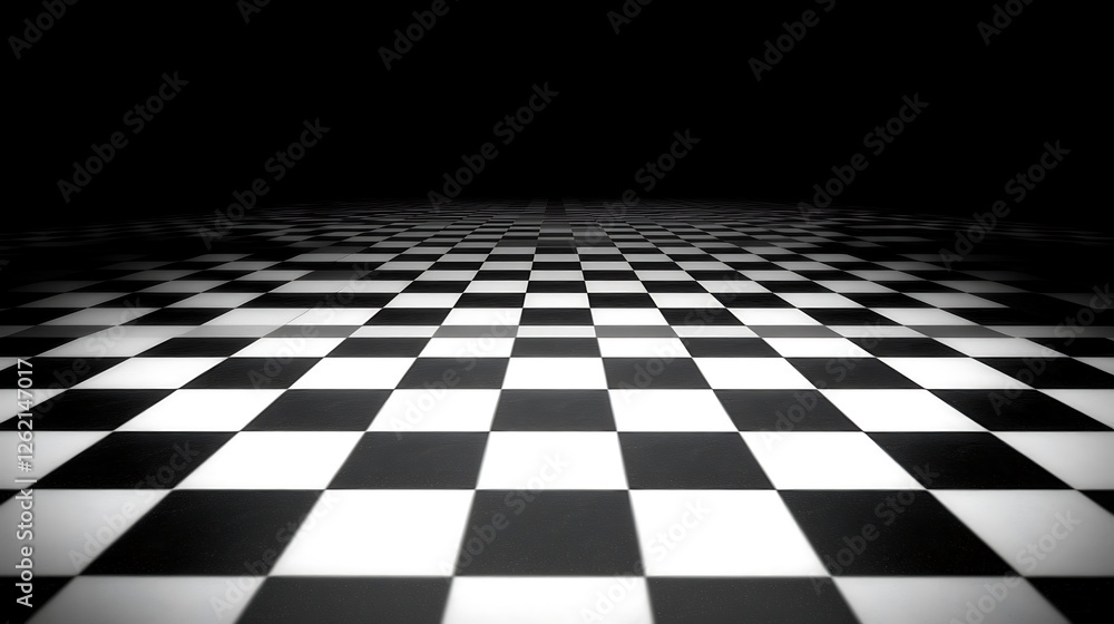 Naklejka premium High Contrast Monochrome Checkerboard Pattern Creates Optical Illusion Perspective on Dark Background