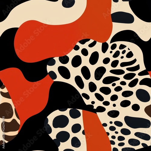 Bold Abstract Pattern with Red, Black, and Beige Animal Print Elements
