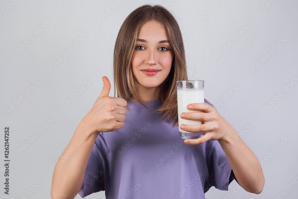 Portrait of a satisfied young woman in a purple t-shirt drinking milk from the glass isolated over light background Portrait of a satisfied young woman in a purple t-shirt drinking milk from the glass isolated over light background