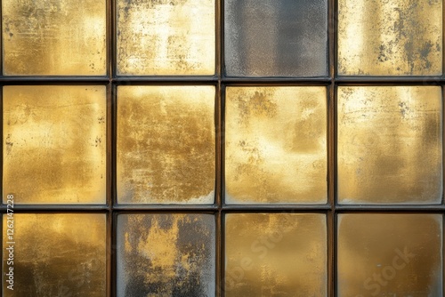 Weathered glass panes in a grid reveal golden textures