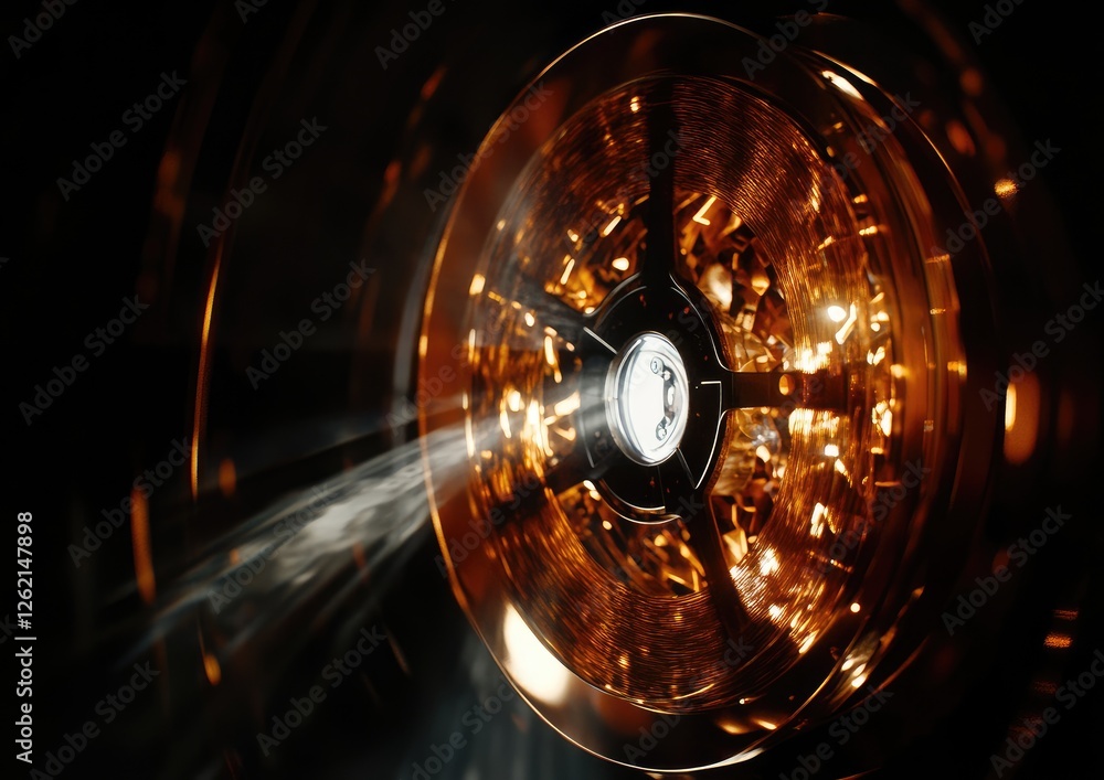 Glowing cosmic mechanism rotates, emitting light beam in dark space; sci-fi concept Glowing cosmic mechanism rotates, emitting light beam in dark space; sci-fi concept