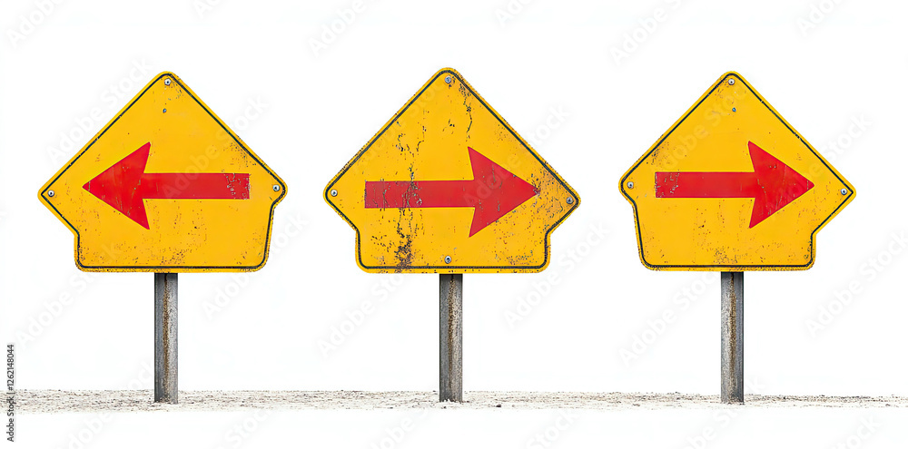 Three weathered directional signs showing left right and right indicating choices decisions and directions Three weathered directional signs showing left right and right indicating choices decisions and directions