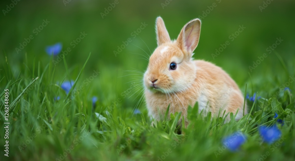 Fototapeta premium Cute rabbit sitting in green grass surrounded by blue flowers