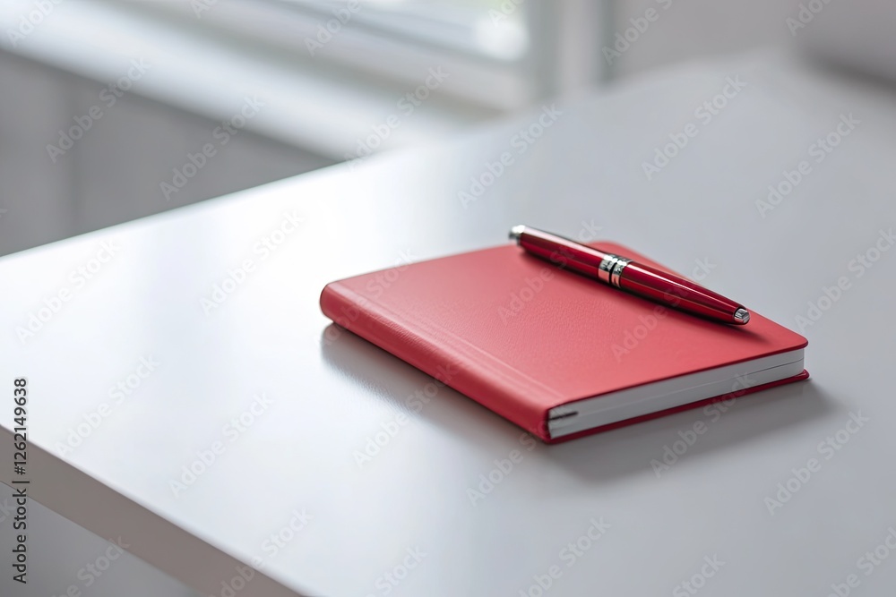 Bright red notebook rests on sleek white table with matching pen Bright red notebook rests on sleek white table with matching pen