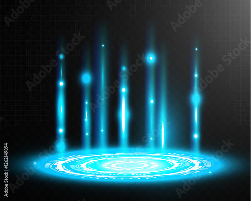 Futuristic sci-fi teleportation portal with glowing blue energy beams and digital interface. High-tech holographic effect with neon lights.