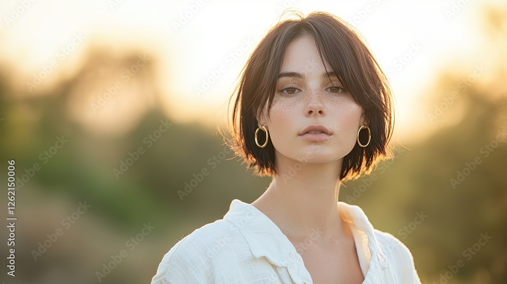 Serene portrait captures warm light illuminating features, creat Serene portrait captures warm light illuminating features, creat