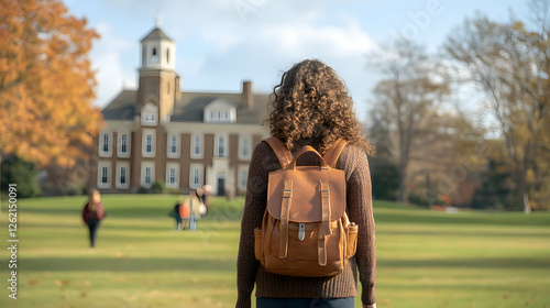 Young woman with a leather backpack walking on a college campus in autumn.  She's facing away from the camera, towards a historic building.