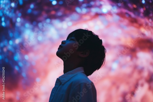 Child Gazing Upwards at a Colorful Nebula