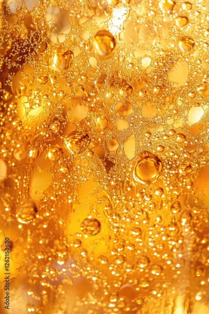 Golden bubbles rise in sparkling liquid, creating refreshing vis Golden bubbles rise in sparkling liquid, creating refreshing vis