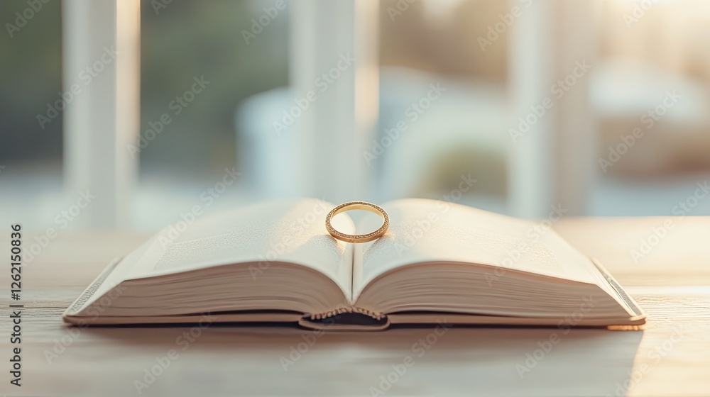 Open book with wedding ring resting on its pages, illuminated by Open book with wedding ring resting on its pages, illuminated by